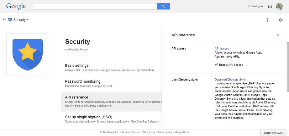 Turn on API Access - Google for Work Control Panel